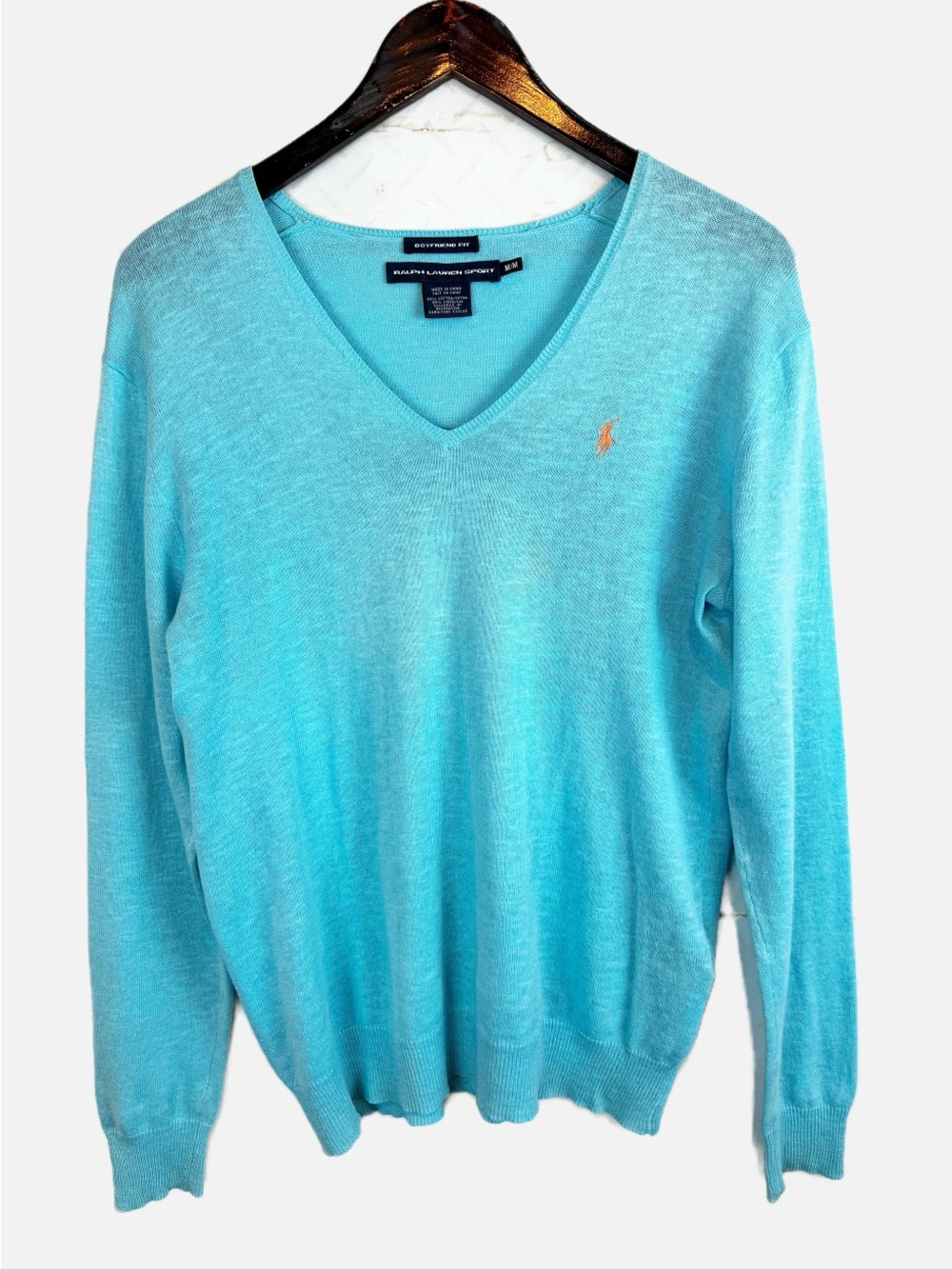 Ralph Lauren Sport | Boyfriend Fit Cotton Linen Blend V-Neck Sweater, M